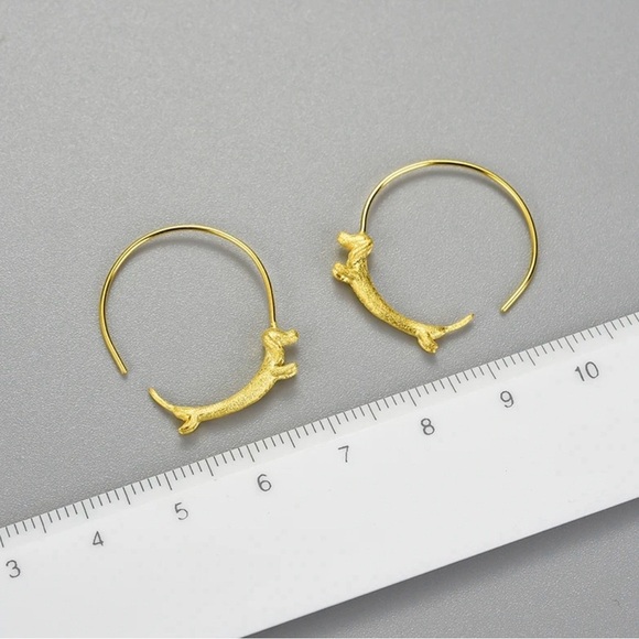 Real 925 Sterling Silver/18k Plated Gold Dachshund Dog Hoop Earrings - Picture 4 of 7